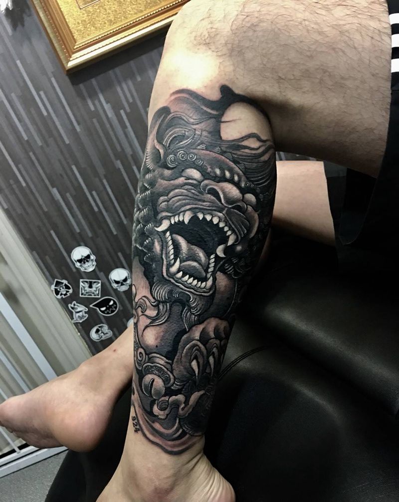 唐狮子纹身纹身图片_成品手稿腿部传统写实动物宗教原创图腾纹身图案