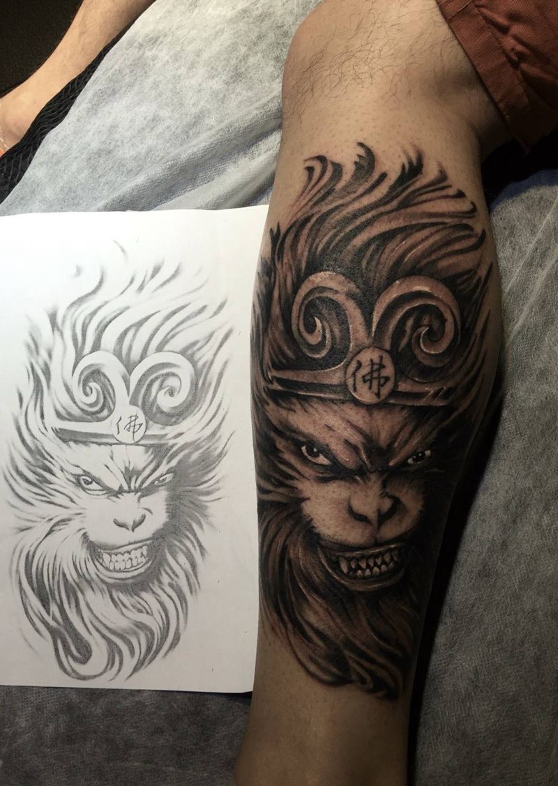 怒猴！纹身图片_成品手稿腿部传统欧美人物动物鬼神培训纹身图案