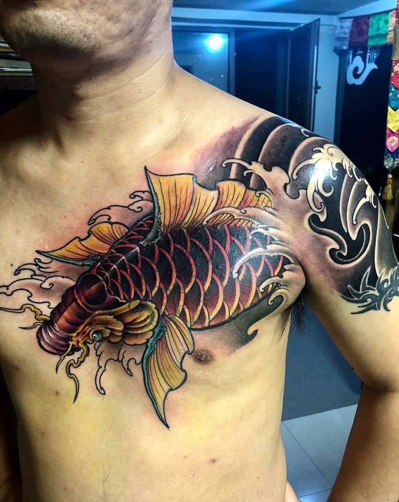 鲤鱼遮盖纹身纹身图片_西安改西安西安刺青动物传统胸部成品手稿原创纹身图案