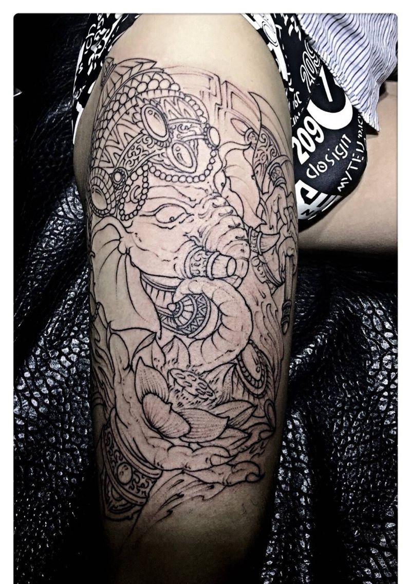 西安纹身#象神纹身纹身图片_西安西安刺青腿部欧美写实人物动物宗教原创手稿纹身图案