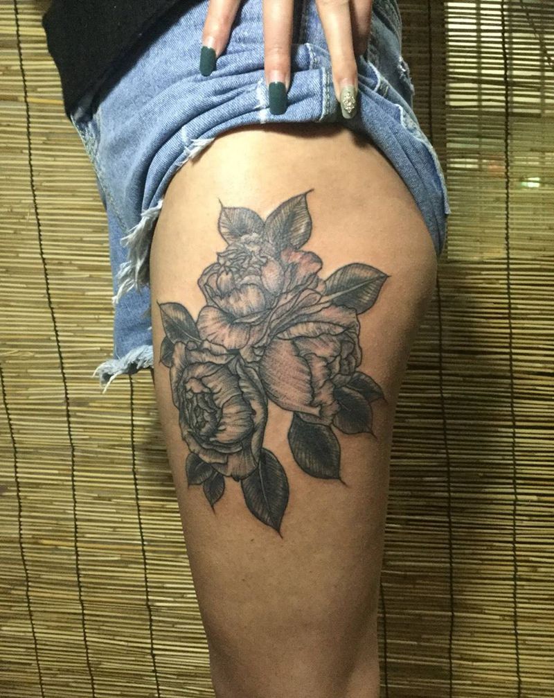 原创点线花儿纹身图片_成品手稿腿部清新原创植物纹身图案