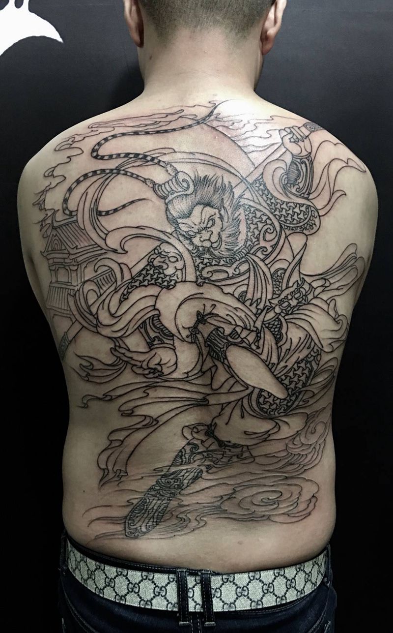 斗战圣佛纹身图片_成品手稿插画背部传统国画动物鬼神原创西安纹身图案