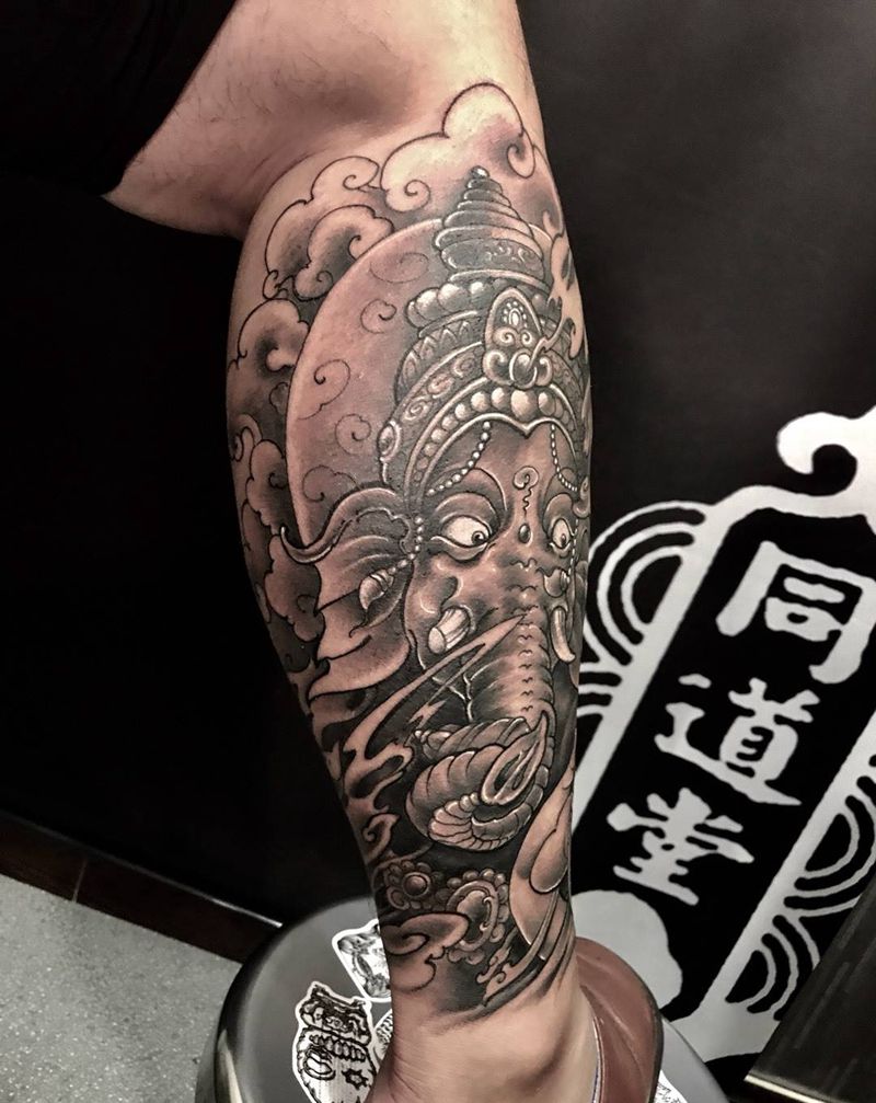 象神纹身纹身图片_西安西安刺青清新肖像鬼神人物腿部传统纹身图案