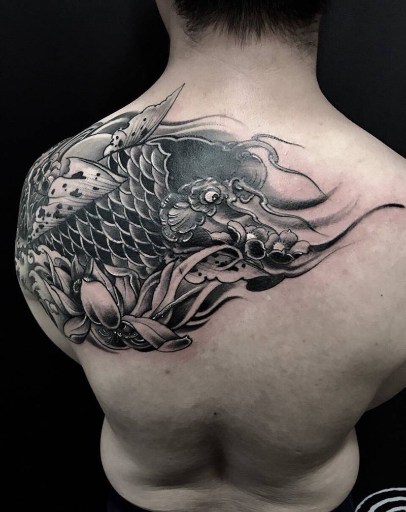 鱼（重度老纹身遮盖）纹身图片_西安西安刺青修改传统国画肩部成品手稿原创纹身图案