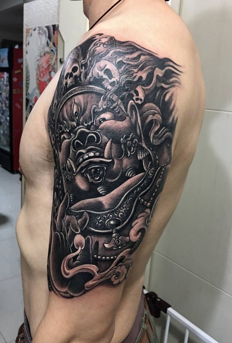 不动明王、大黑天纹身纹身图片_手臂成品传统写实国画宗教人物鬼神原创纹身图案