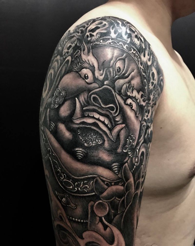 大黑天财神纹身图片_西安西安刺青修改小人物鬼神传统手臂成品手稿纹身图案