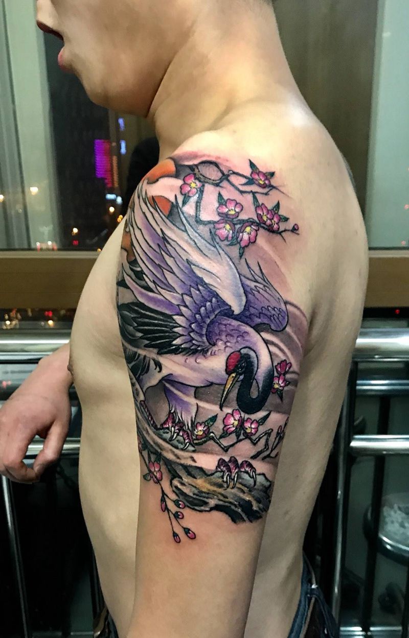 松鹤纹身纹身图片_西安西安刺青西安改传统国画动物原创手稿成品肩部纹身图案