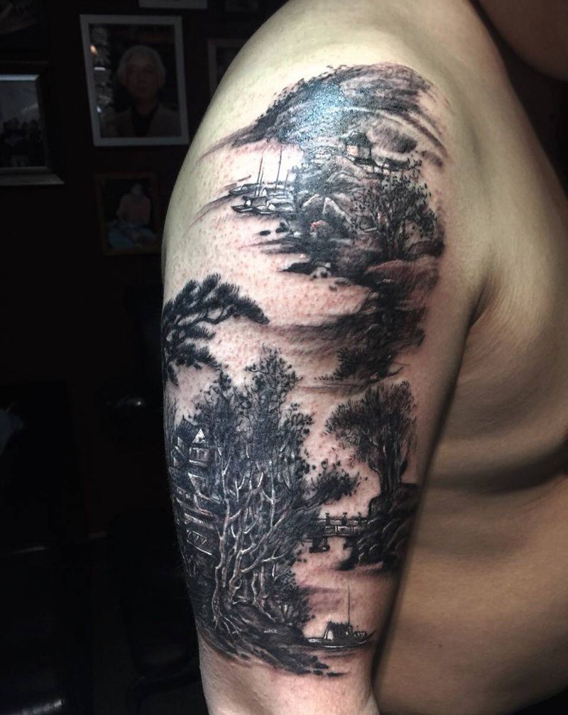 山水纹身遮盖毛囊炎纹身图片_成品手稿肩部传统写实国画原创教学培训纹身图案