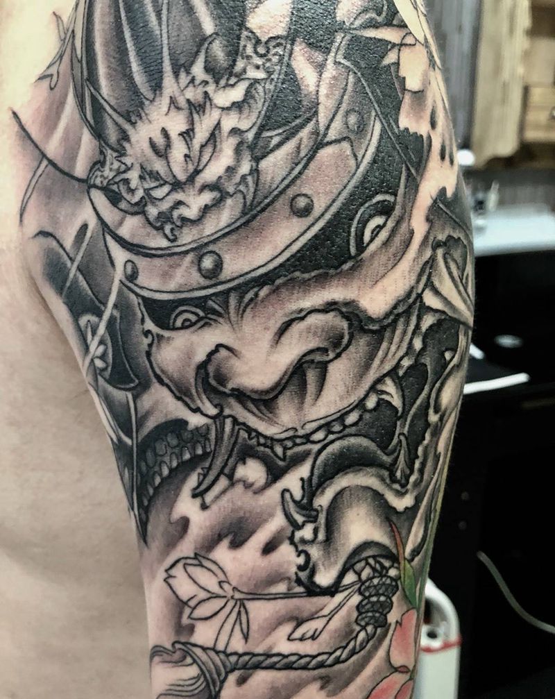 未完成的男款般若纹身图片_西安刺青西安人物图腾鬼神传统手臂手稿成品西安改纹身图案