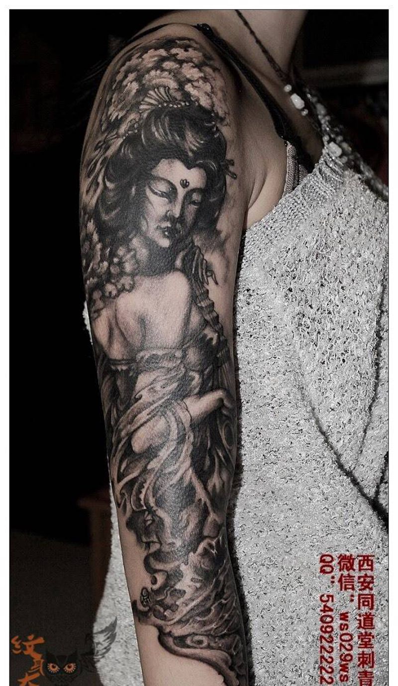 仕女花臂纹身纹身图片_写实传统肖像国画人物原创手臂西安西安刺青修改纹身图案
