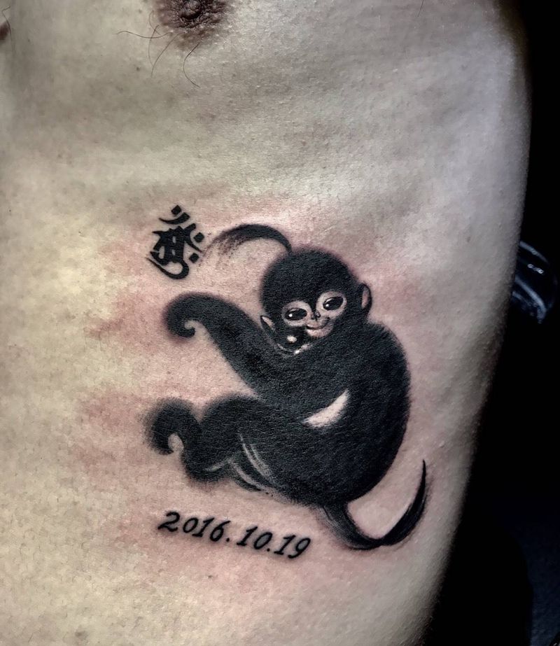 水墨猴！生肖猴！纹身图片_西安小西安刺青动物原创肖像传统手稿成品腰部纹身图案