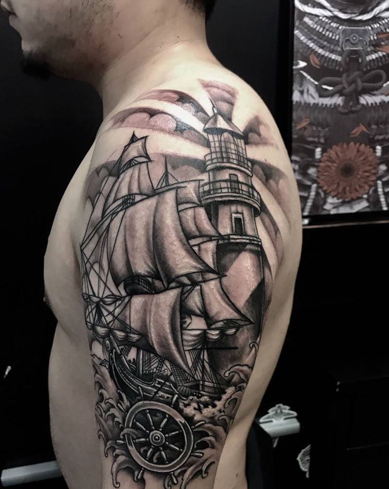帆船灯塔纹身图片_西安刺青修改西安手稿欧美传统手臂原创纹身图案