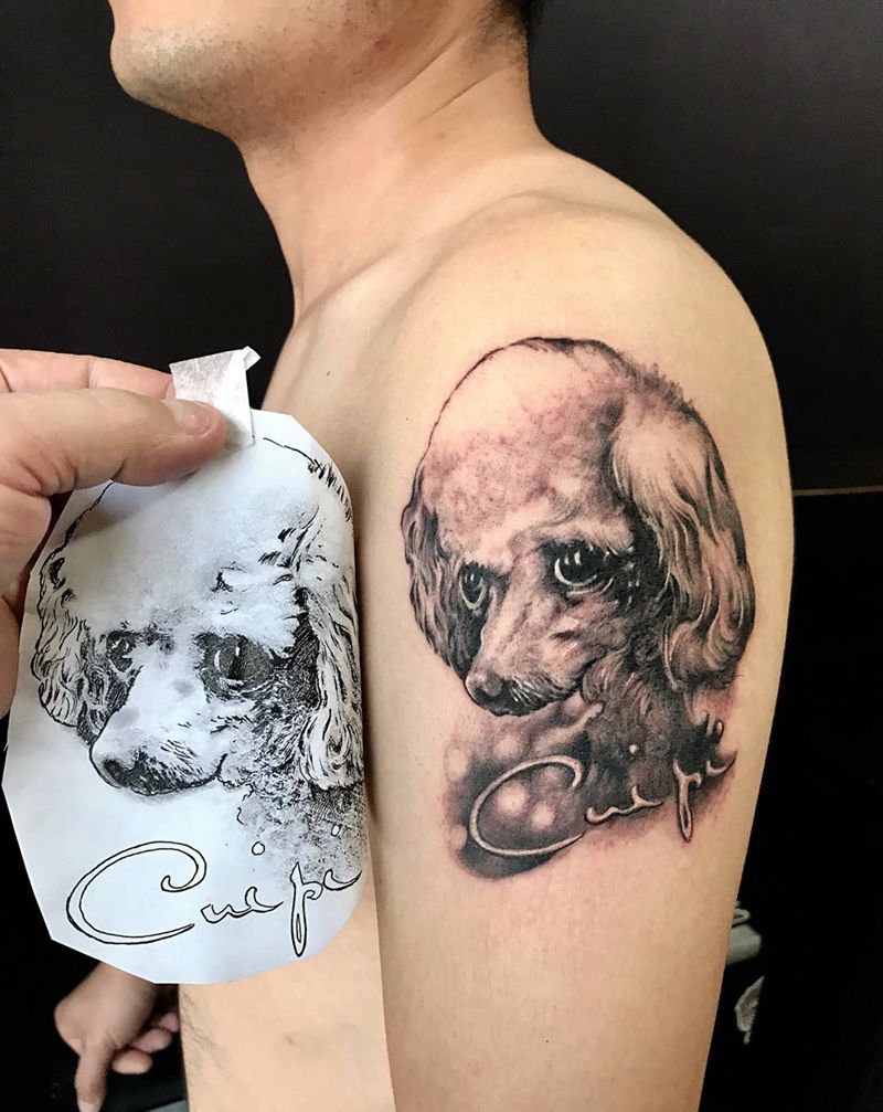狗狗纹身图片_西安小西安刺青修改肖像动物肩部手稿成品纹身图案