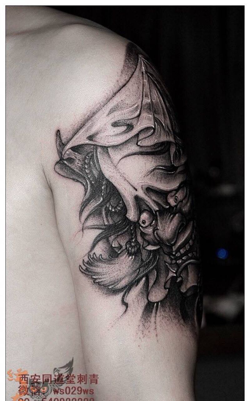 般若纹身纹身图片_传统写实国画肖像鬼神宗教肩部颈部原创纹身图案