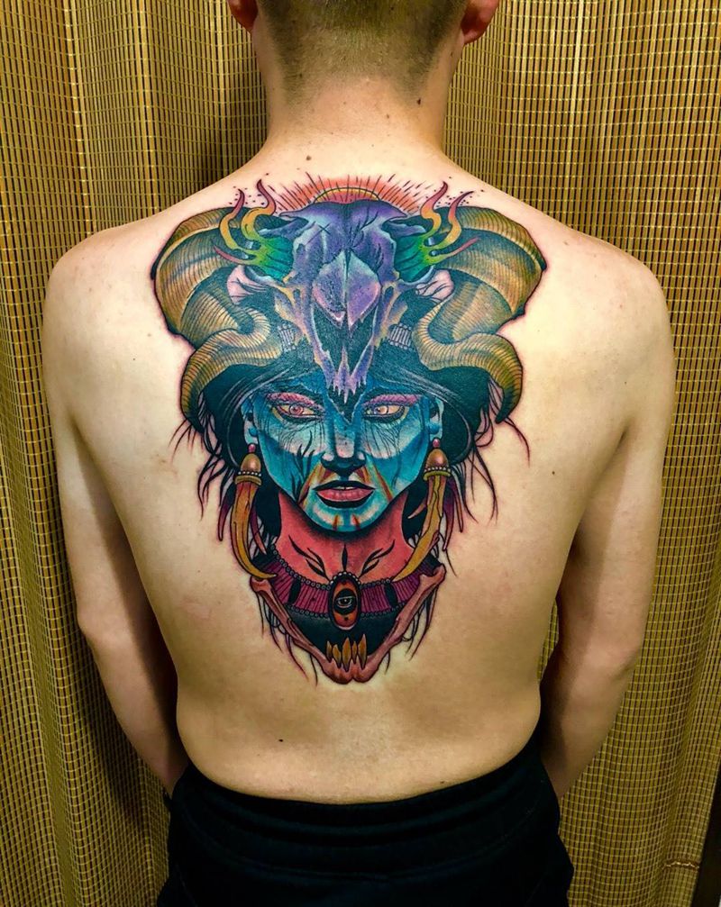 修改覆盖老纹身纹身图片_西安西安刺青西安改人物鬼神原创欧美肖像背部手稿纹身图案