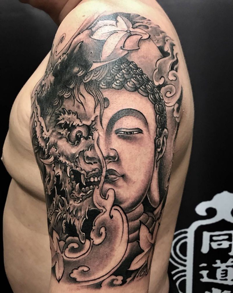 善恶一念间纹身图片_西安西安刺青修改肖像原创传统手臂成品鬼神纹身图案