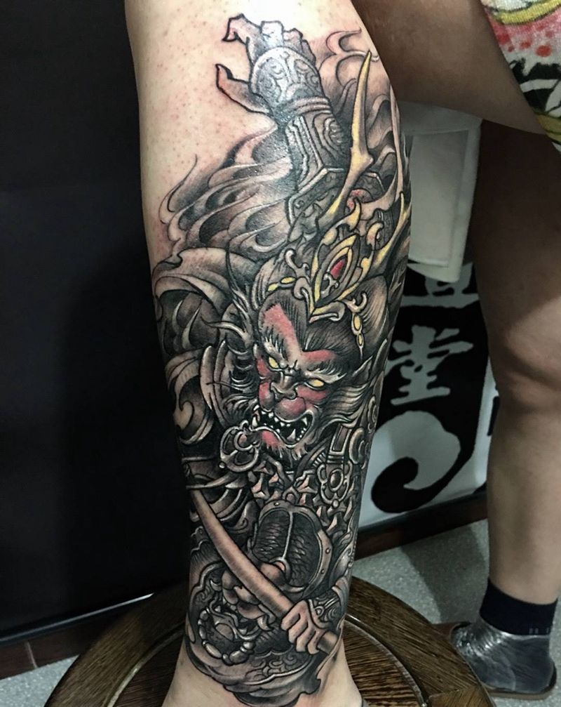 大圣归来！纹身图片_西安修改肖像人物宗教鬼神原创传统成品腿部纹身图案