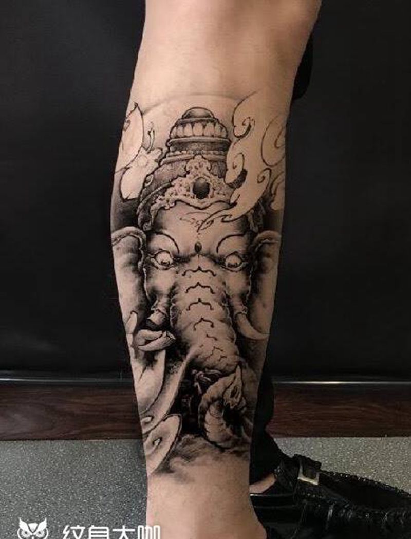 象神纹身图片_修改西安肖像西安刺青人物传统腿部手稿成品纹身图案