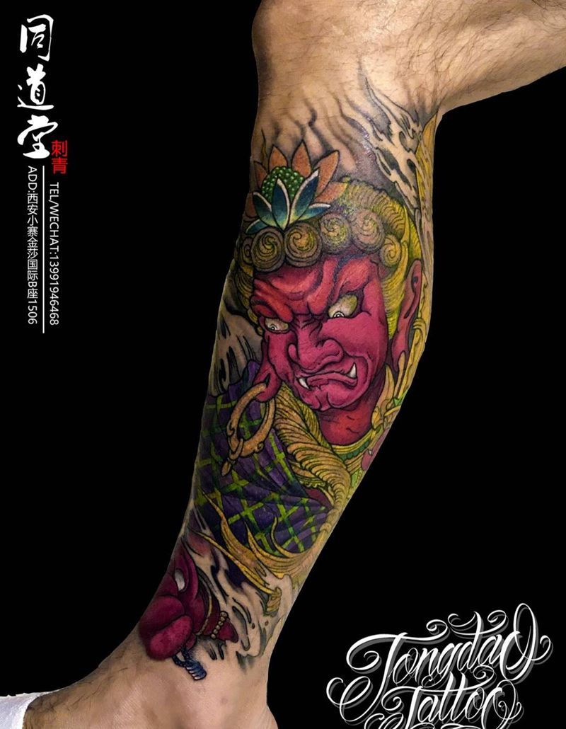 明王神像纹身纹身图片_腿部新传统水墨纹身图案