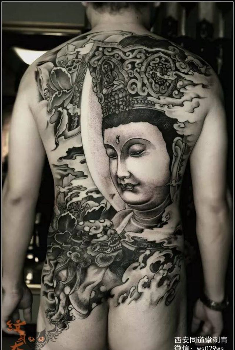 普贤菩萨整背纹身纹身图片_写实传统国画肖像宗教原创背部纹身图案