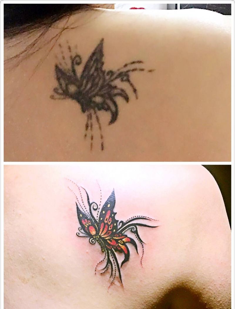 修盖蝴蝶纹身前后效果纹身图片_学西安背部动物欧美传统成品手稿原创纹身图案