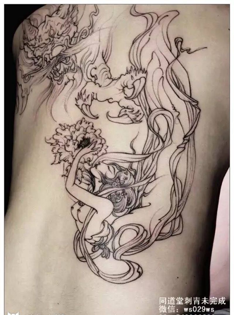 原创天女龙纹身图片_西安教学学培训肩部背部宗教传统手稿纹身图案