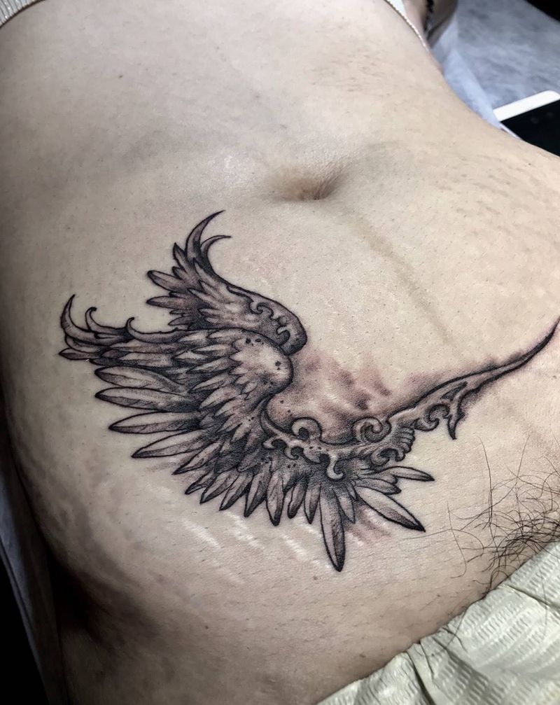 手术疤痕遮盖纹身图片_西安修改西安刺青小原创成品手稿插画欧美腹部纹身图案