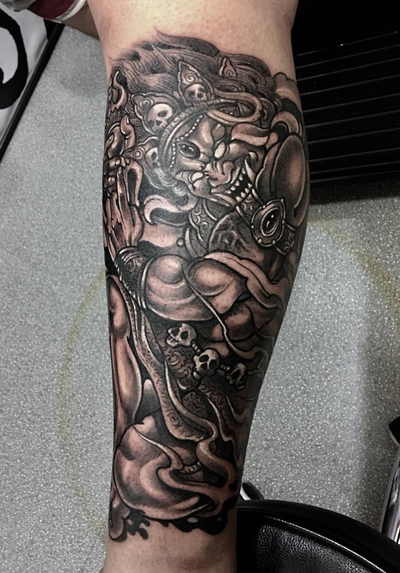 明王纹身纹身图片_西安修改腿部成品手稿传统写实动物鬼神纹身图案