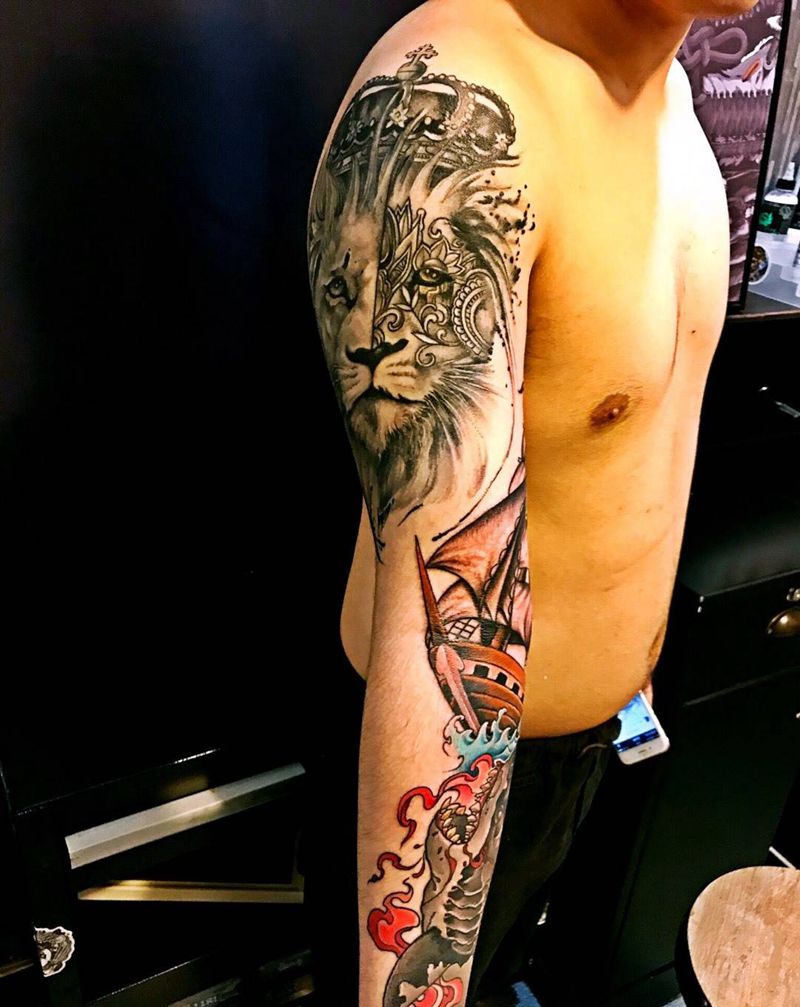 鲨鱼帆船纹身图片_西安西安刺青动物欧美手臂手稿成品写实纹身图案