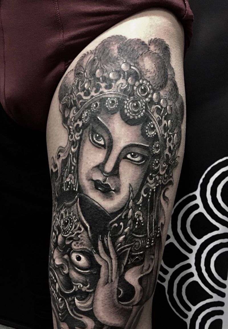 花旦魔鬼纹身图片_西安成品手稿传统人物鬼神原创腿部肖像纹身图案