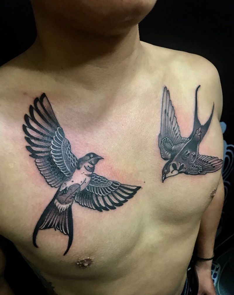 燕子纹身图片_西安小西安刺青清新动物传统成品手稿胸部国画纹身图案