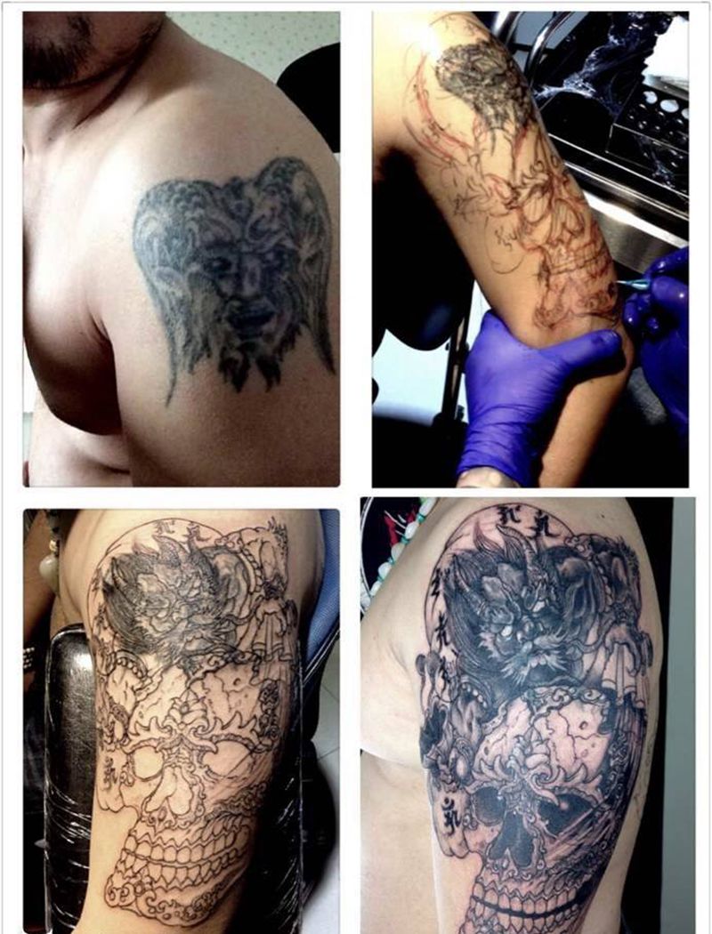 遮盖老纹身！纹身图片_修改西安西安刺青成品肩部传统写实宗教鬼神纹身图案