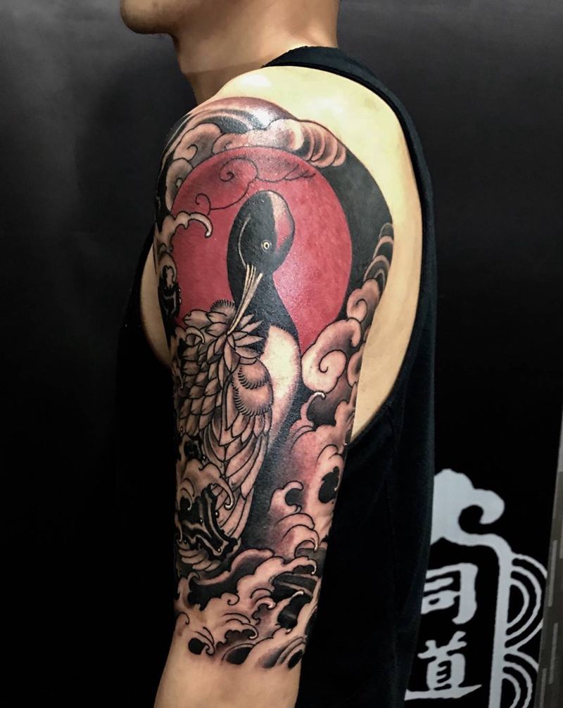 仙鹤纹身图片_修改西安西安刺青小动物原创手稿成品手臂传统纹身图案