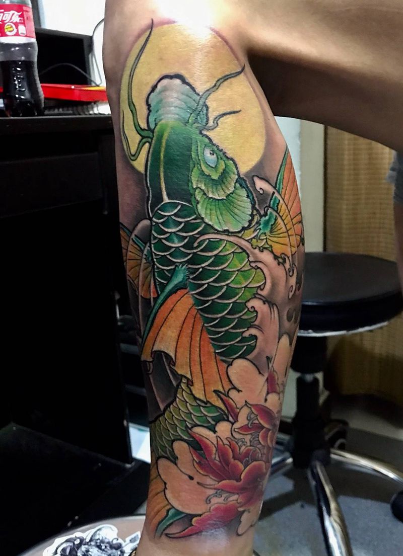 鲤鱼纹身纹身图片_西安刺青西安西安改动物传统脚部手稿成品纹身图案