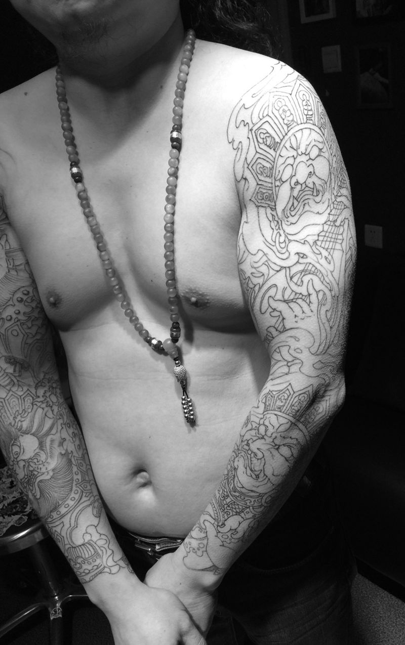 四大天王花臂！纹身图片_西安西安改教学学培训鬼神原创宗教手稿纹身图案