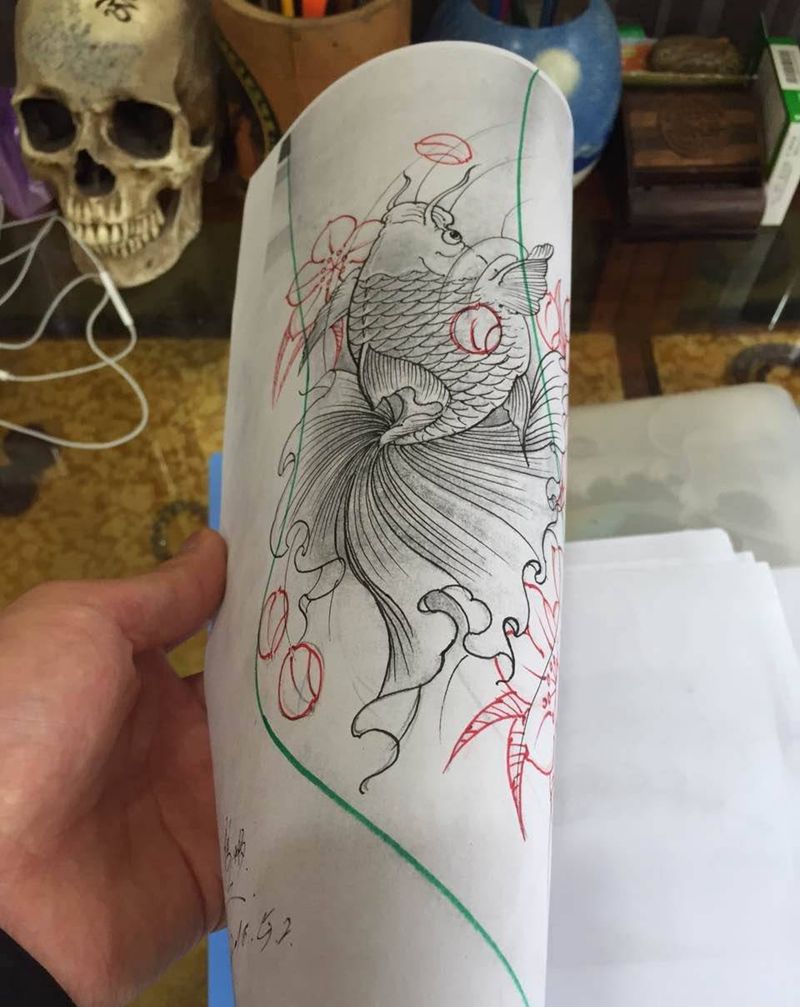 金鱼-遮盖胎记纹身图片_成品手稿脚部传统动物原创教学培训西安纹身图案