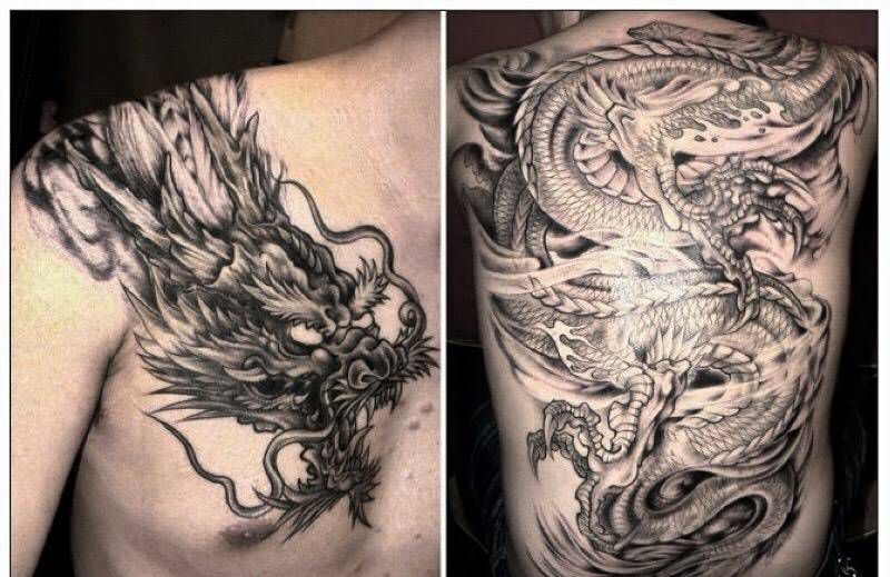 西安纹身#龙纹身过肩背！纹身图片_西安西安刺青人物动物原创欧美传统背部手稿纹身图案