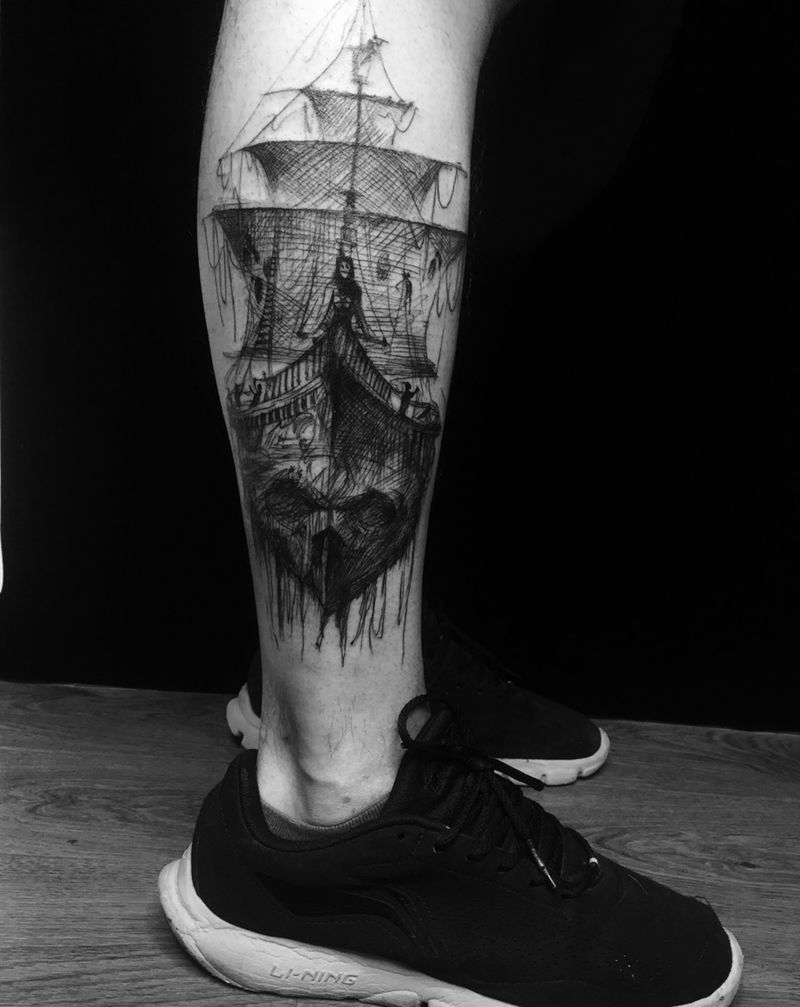海盗船纹身图片_手臂几何欧美纹身图案