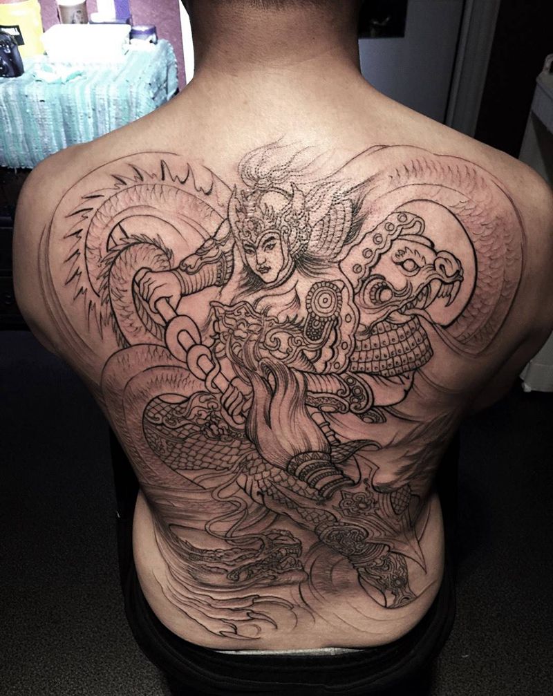 赵子龙纹身纹身图片_西安学人物传统写实肖像背部成品手稿纹身图案