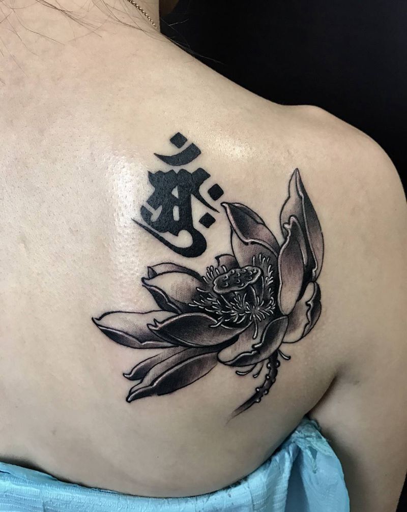荷花梵文！纹身图片_西安修改肖像植物宗教原创肩部手稿成品纹身图案
