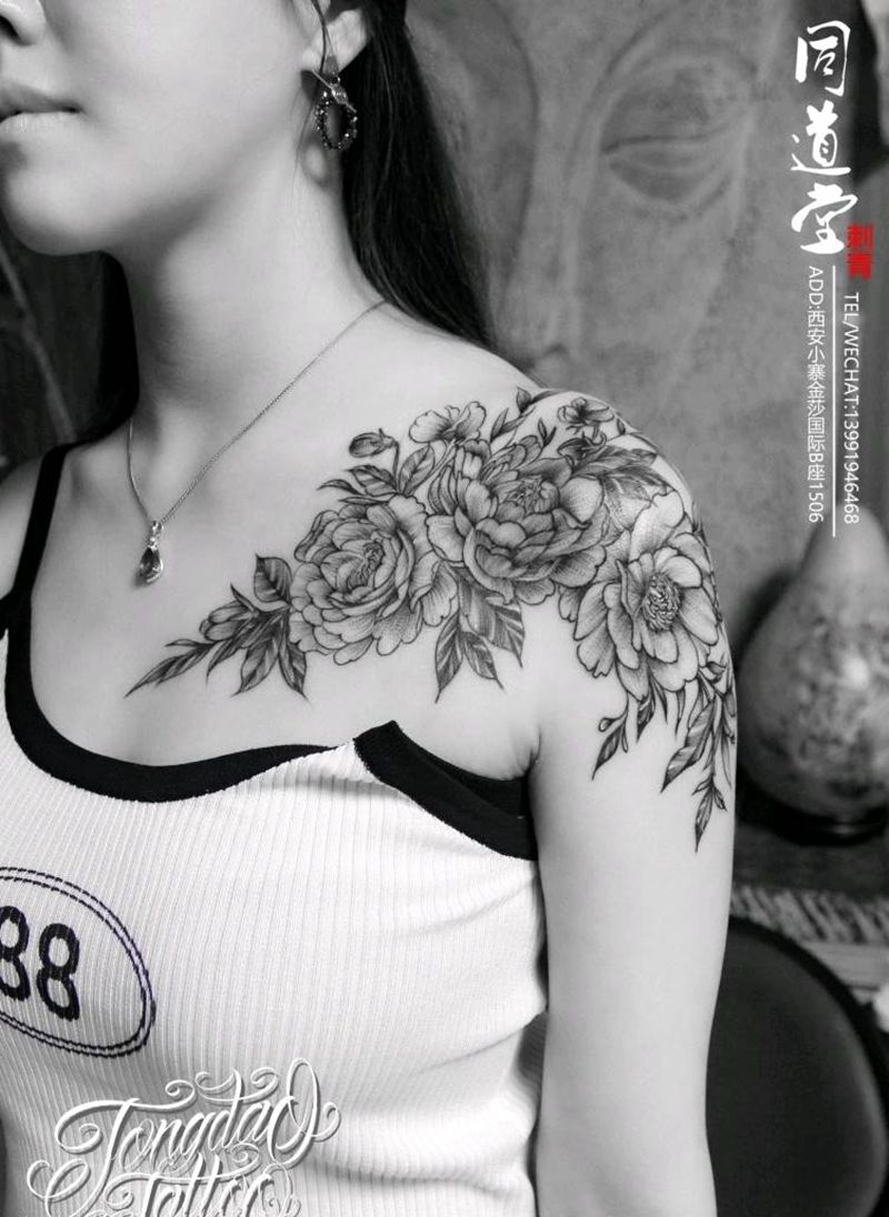 素花纹身纹身图片_胸部肩部新传统纹身图案