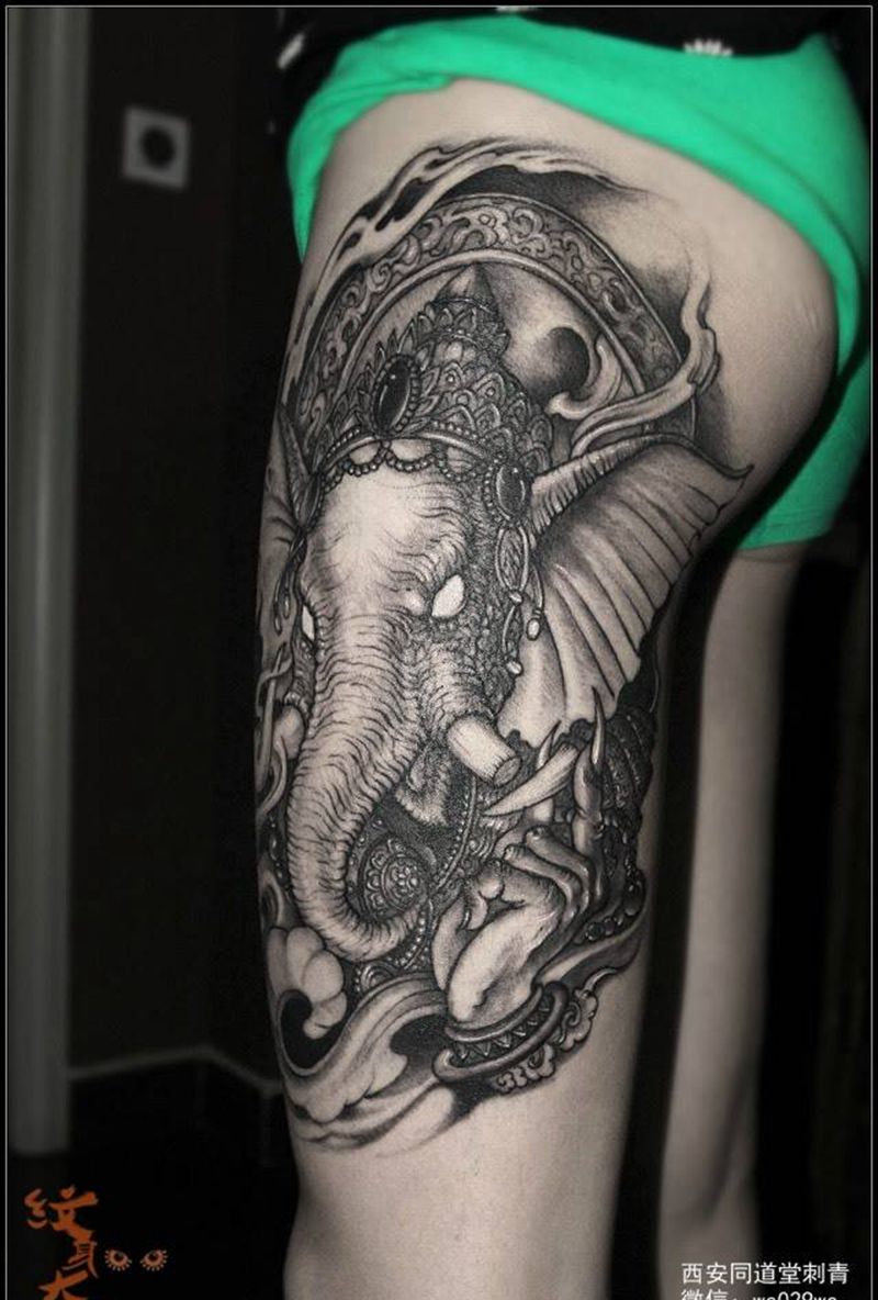 西安纹身#象神纹身纹身图片_肖像国画鬼神宗教原创肩部腿部纹身图案