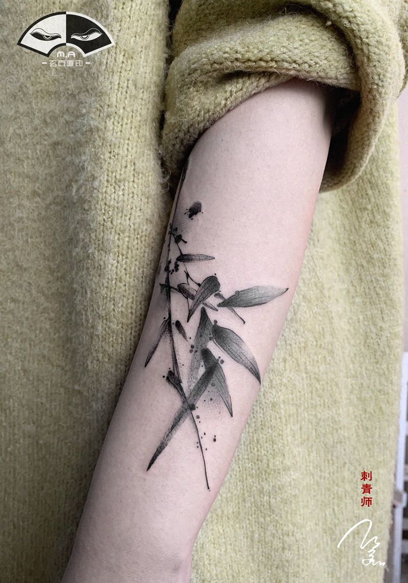 竹纹身图片_手臂水墨纹身图案