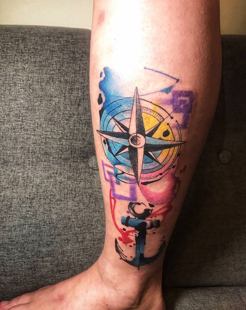 指南针纹身图片_水彩纹身图案