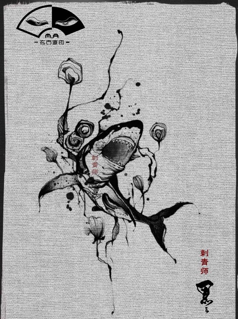 鲨鱼纹身图片_手稿传统欧美清新腿部手臂原创动物小清新纹身图案