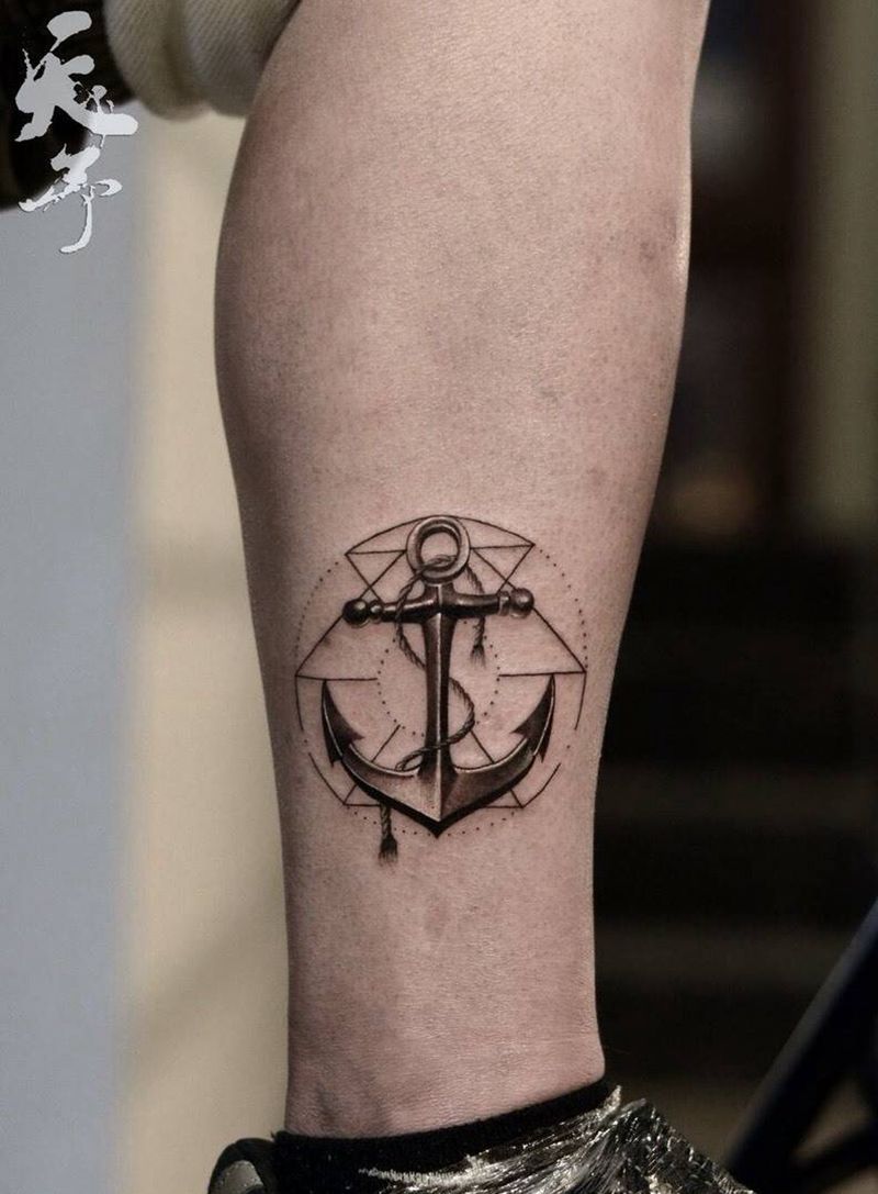 船锚纹身图片_成品腿部欧美写实字符黑灰西安船锚纹身图案