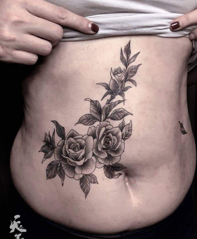 疤痕遮盖纹身图片_腹部New School遮盖玫瑰花纹身图案