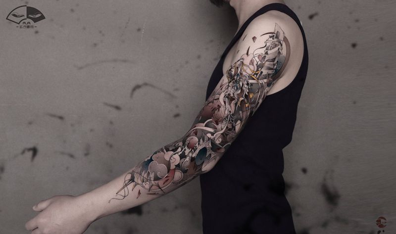 巴别塔纹身图片_手臂水墨龙纹身图案