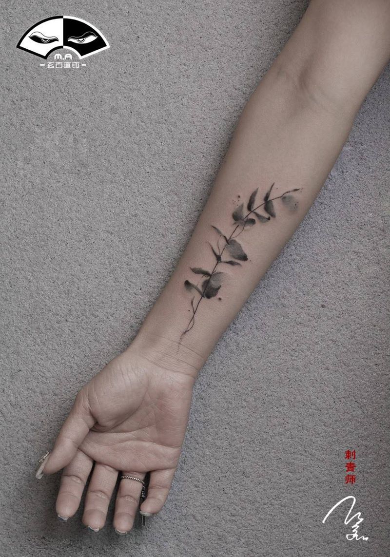叶子纹身图片_清新国画植物手臂成品纹身图案