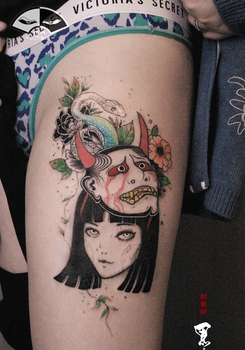 纹身修改纹身图片_手臂腿部水墨水彩富江修改遮盖纹身图案